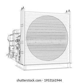 Large industrial diesel generator. Generator, diesel engine and cooling radiator. Vector rendering of 3d. Wire-frame style
