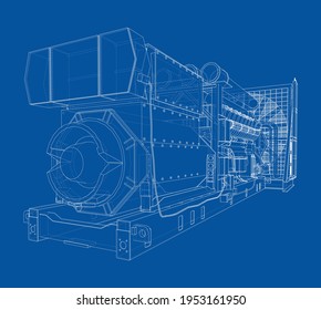 Large industrial diesel generator. Generator, diesel engine and cooling radiator. Vector rendering of 3d. Wire-frame style