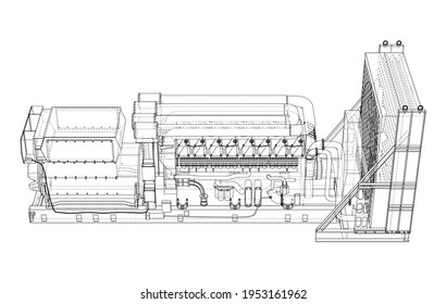 Large industrial diesel generator. Generator, diesel engine and cooling radiator. Vector rendering of 3d. Wire-frame style