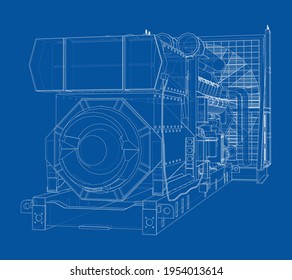 Large industrial diesel generator. Generator, diesel engine and cooling radiator. Vector rendering of 3d. Wire-frame style