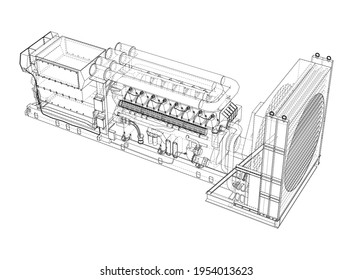 Large industrial diesel generator. Generator, diesel engine and cooling radiator. Vector rendering of 3d. Wire-frame style