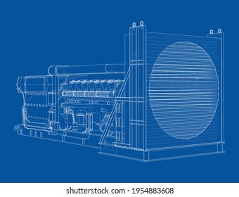 Large industrial diesel generator. Generator, diesel engine and cooling radiator. Vector rendering of 3d. Wire-frame style
