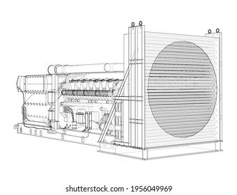 Large industrial diesel generator. Generator, diesel engine and cooling radiator. Vector rendering of 3d. Wire-frame style