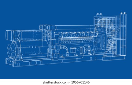 Large industrial diesel generator. Generator, diesel engine and cooling radiator. Vector rendering of 3d. Wire-frame style