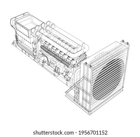 Grosser Industriegasellgenerator. Generator, Dieselmotor und Kühler. Vektorgrafik von 3d. Wire-Frame-Stil