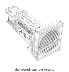 Large industrial diesel generator. Generator, diesel engine and cooling radiator. Vector rendering of 3d. Wire-frame style