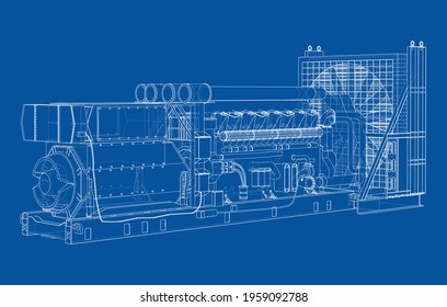 Large industrial diesel generator. Generator, diesel engine and cooling radiator. Vector rendering of 3d. Wire-frame style