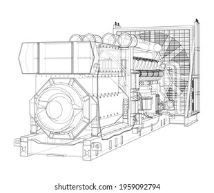 Large industrial diesel generator. Generator, diesel engine and cooling radiator. Vector rendering of 3d. Wire-frame style