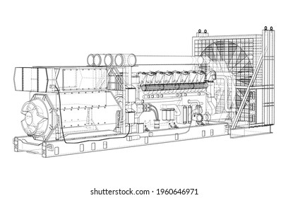 Large industrial diesel generator. Generator, diesel engine and cooling radiator. Vector rendering of 3d. Wire-frame style