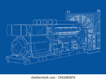 Large industrial diesel generator. Generator, diesel engine and cooling radiator. Vector rendering of 3d. Wire-frame style