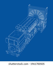 Large industrial diesel generator. Generator, diesel engine and cooling radiator. Vector rendering of 3d. Wire-frame style