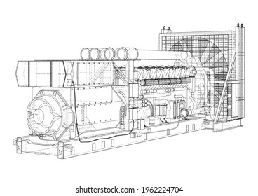 Large industrial diesel generator. Generator, diesel engine and cooling radiator. Vector rendering of 3d. Wire-frame style