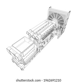 Large industrial diesel generator. Generator, diesel engine and cooling radiator. Vector rendering of 3d. Wire-frame style