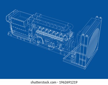 Gran generador de diesel industrial. Generador, motor diésel y radiador de refrigeración. Representación vectorial de 3d. Estilo de trama