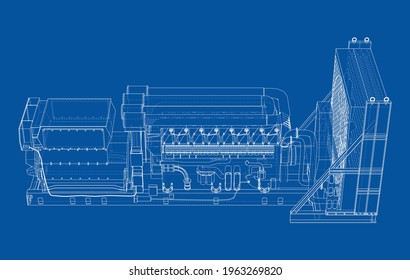 Gran generador de diesel industrial. Generador, motor diésel y radiador de refrigeración. Representación vectorial de 3d. Estilo de trama