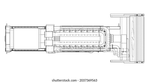 Grosser Industriegasellgenerator. Generator, Dieselmotor und Kühler. Vektorgrafik von 3d. Orthographie oder isometrisch