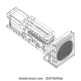 Large industrial diesel generator. Generator, diesel engine and cooling radiator. Vector rendering of 3d. Orthography or isometric