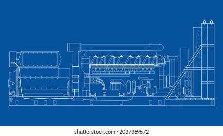 Large industrial diesel generator. Generator, diesel engine and cooling radiator. Vector rendering of 3d. Orthography or isometric