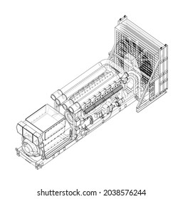 Large industrial diesel generator. Generator, diesel engine and cooling radiator. Vector rendering of 3d. Orthography or isometric