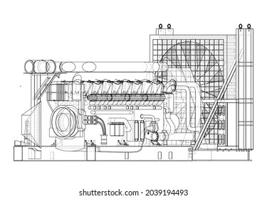 Large industrial diesel generator. Generator, diesel engine and cooling radiator. Vector rendering of 3d. Orthography or isometric