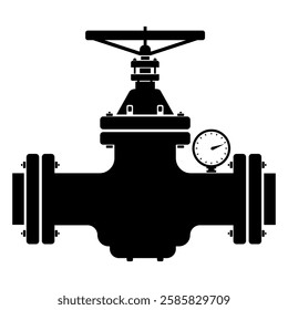 Large Industrial Pipe Control Valve - Black Silhouette illustration Icon Vector