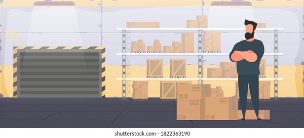 Large industrial warehouse with boxes. A man stands with a large wooden box. Large pallet. Delivery and transportation concept. Vector.