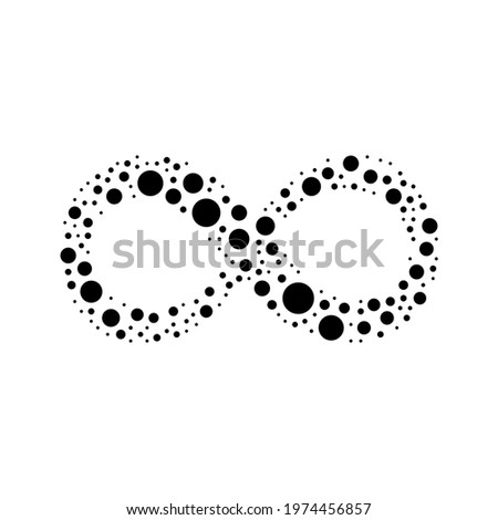 A large infinity symbol in the center made in pointillism style. The center symbol is filled with black circles of various sizes. Vector illustration on white background