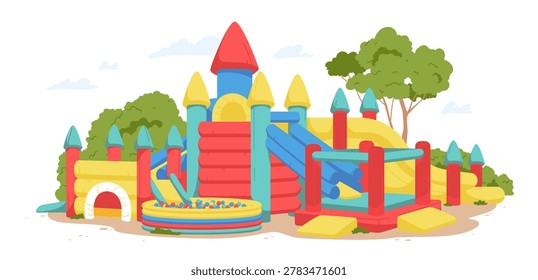 Large inflatable bouncy castle with slides, ball pit, and towers set outdoors, surrounded by trees, designed for children s play and fun activities, isolated on white background vector illustration