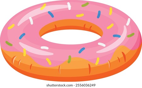 Large inflatable pink and orange donut shaped swimming pool float with colorful sprinkles isolated on white background, perfect for summer fun and relaxation