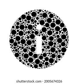 Un gran símbolo de información en el centro hecho al estilo del puntillismo. El símbolo central está lleno de círculos negros de varios tamaños. Ilustración del vector sobre fondo blanco
