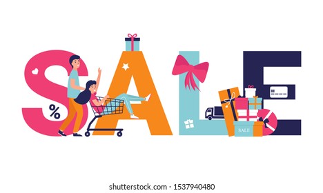 Large inscription SALE on white background. Modern banner design for sale and discount. Shopping concept flat illustration for web design, banner, app, landing page. Couple people doing shopping.
