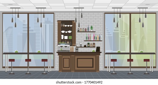 Large interior of a cafe or restaurant without people with large windows and city views.