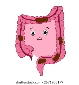 Expresión facial del carácter del intestino Grande con la enfermedad constipada del estreñimiento de la materia fecal ilustración médica