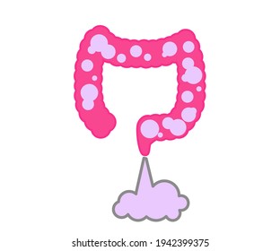 Large intestine on a white background. Bloating of the intestines. Vector illustration.