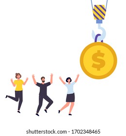 Large investment,  financial help. Small people holding s big gold coin.  Vector illustration.