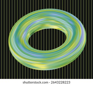 Um grande objeto em forma de toro verde e azul, semelhante a uma rosca abstrata giratória, contra um fundo preto com listras amarelas verticais finas