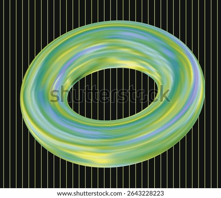 A large, iridescent green and blue torus-shaped object, resembling a swirling abstract donut, against a black background with thin, vertical yellow stripes