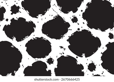 Large irregular black ink spots mimicking cowhide pattern, seamless and bold in monochrome.