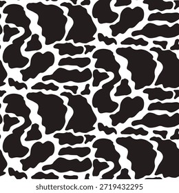 Grandes manchas de vaca irregulares forman un patrón animal sin fisuras. Las manchas holstein monocromáticas aparecen como manchas orgánicas de forma libre sobre fondo blanco, creando una textura audaz y gráfica. Ilustración de vaca de Vector.