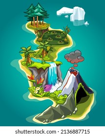 large island with volcano, mountains, waterfall, forest, swamp and glaciers