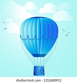 Large isolated colored balloon against the bright sky, clouds and birds. Vector illustration for your design.