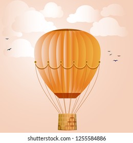 Large isolated colored balloon against the bright sky, clouds and birds. Vector illustration for your design.