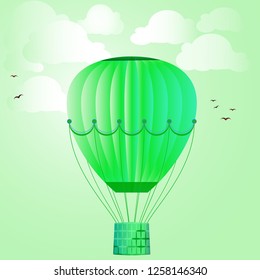 Large isolated colored balloon against the bright sky, clouds and birds. Vector illustration for your design.