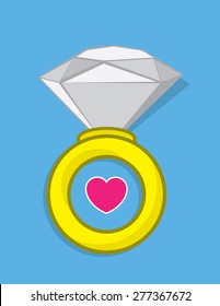 Large isolated diamond ring cartoon with heart
