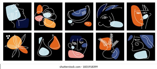 A large isolated  set of leaves, flowers, abstract figures, full-face and profile faces. Modern Trendy hand drawn  ink style vector illustrations. Continuous line, minimalism in the composition. 