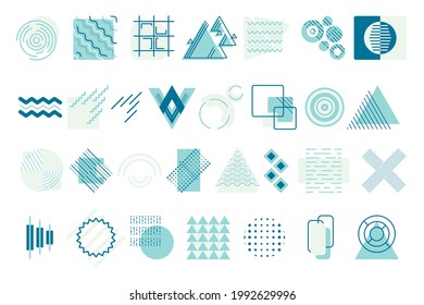 Große, isolierte, geometrische Vektorformen. Verschiedene runde, quadratische und dreieckige abstrakte Formen. Elemente von Zickzacken, Linien und Punkten für den Hintergrund.