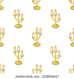 Large isometric candlesticks seamless pattern. Isometric broken old golden candlestick. Vector illustration in cartoon style. Rare furniture in 3d.