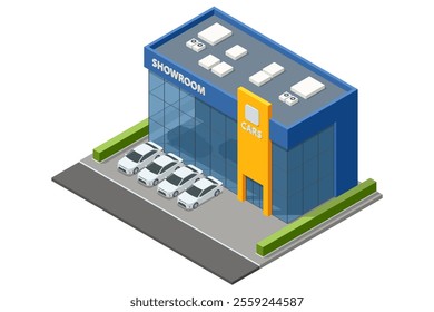 A large isometric car showroom with multiple white cars displayed outside. The building has a bright blue and yellow facade and modern glass architecture. Dealership, showroom