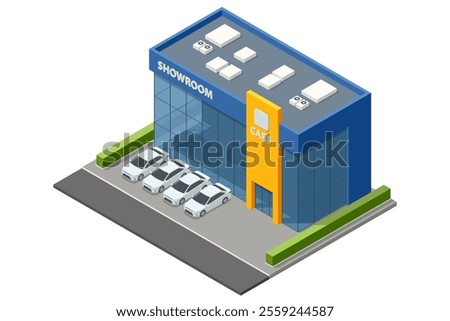 A large isometric car showroom with multiple white cars displayed outside. The building has a bright blue and yellow facade and modern glass architecture. Dealership, showroom
