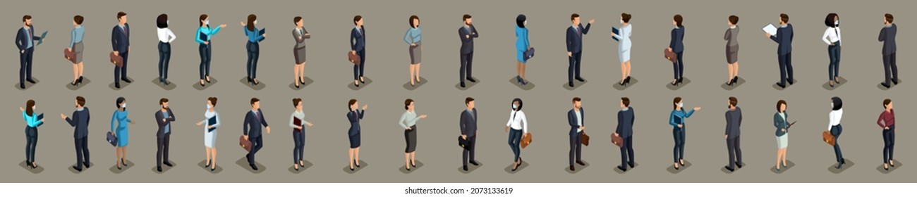 Large isometric set of 3D businessmen. Businessmen and business lady, front and back view. Masked characters during the pandemic.